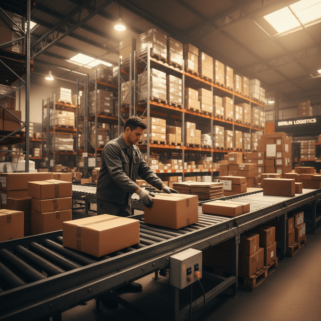 Logistikarbeiter sortiert Pakete in modernem Warenlager
