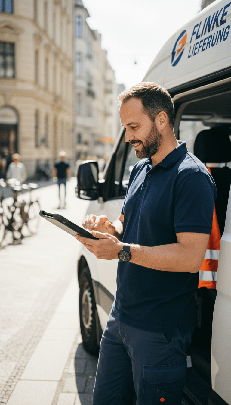 Kurier überprüft Lieferdetails vor Fahrtantritt