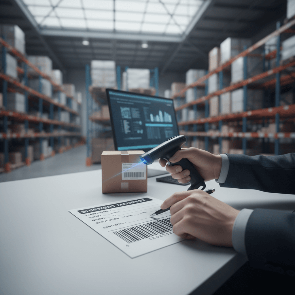 Versandmitarbeiter prüft Paketlabel in Logistikzentrum